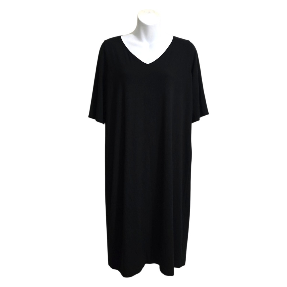 Eileen Fisher V-Neck Short Sleeve Knee Length Shift Dress In Black Sz M